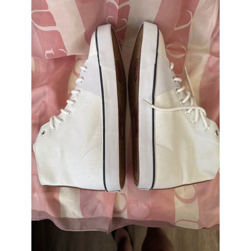 Polo Ralph Lauren Mens White Canvas High Top  Brown Leather Trim Size 8.5
